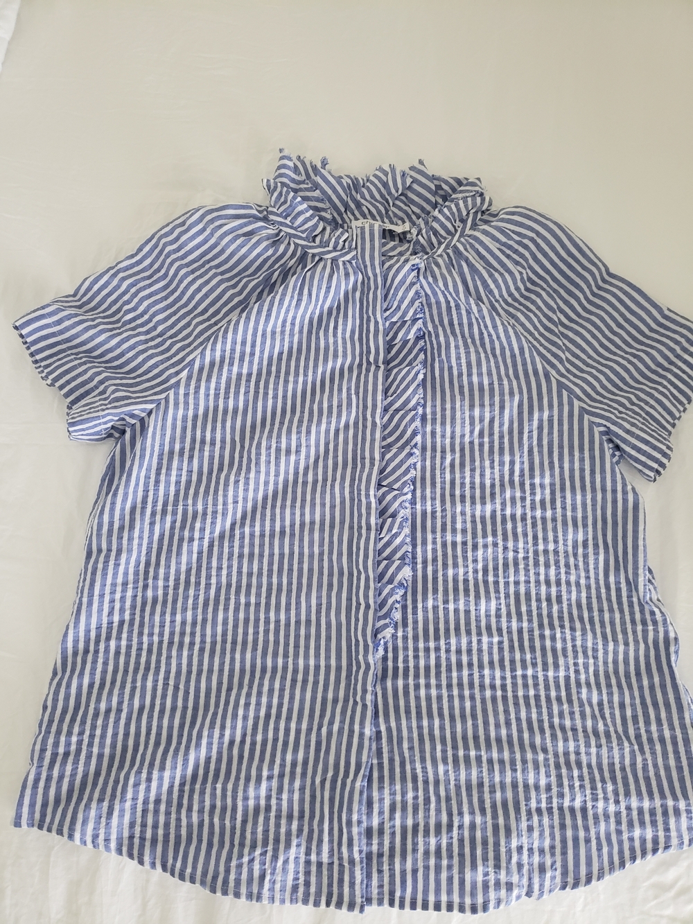 Chico's Blue and White Striped Ruffle Collar  Blouse